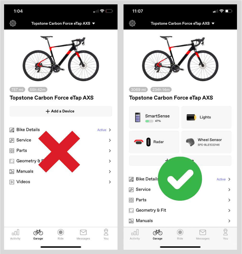 SmartSense features do not appear in the Cannondale App