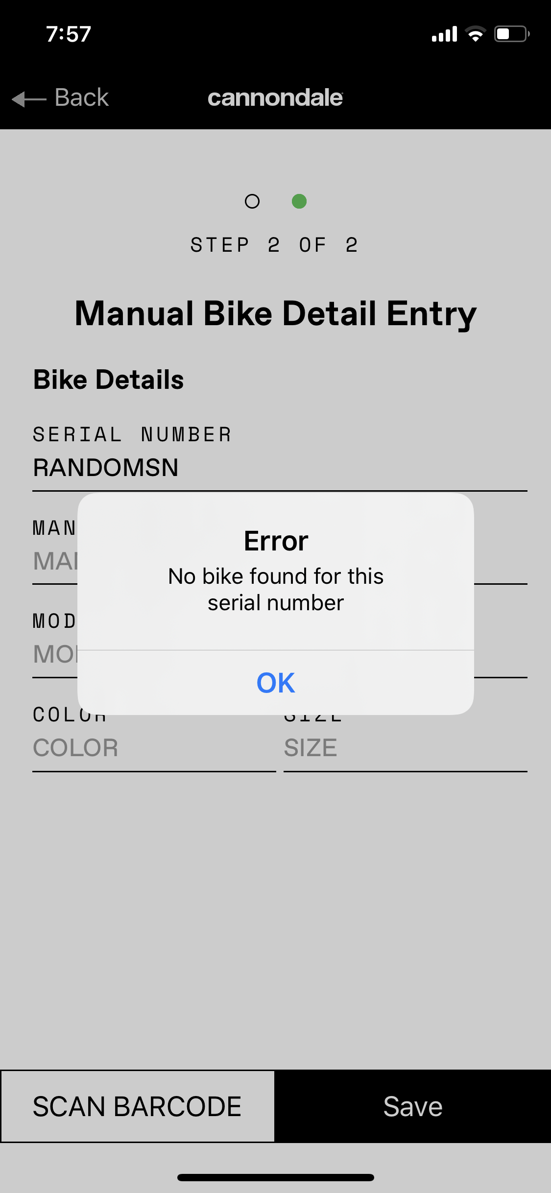 The Cannondale App does not find my bike serial number